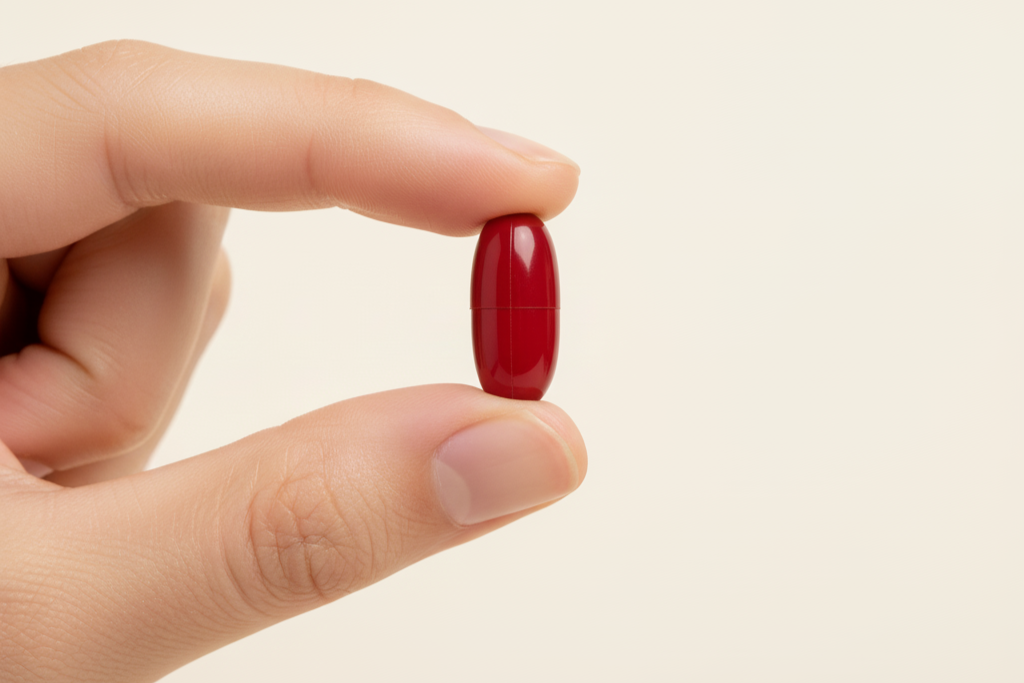 Hand holding a red capsule against a beige background