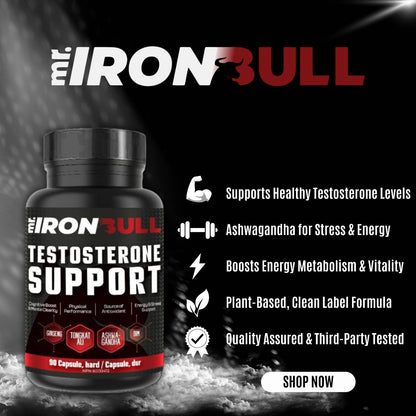 Supplement bottle of Mr.IronBull testosterone booster showing benefits like healthy testosterone levels, energy, Ashwagandha, and third-party tested formula