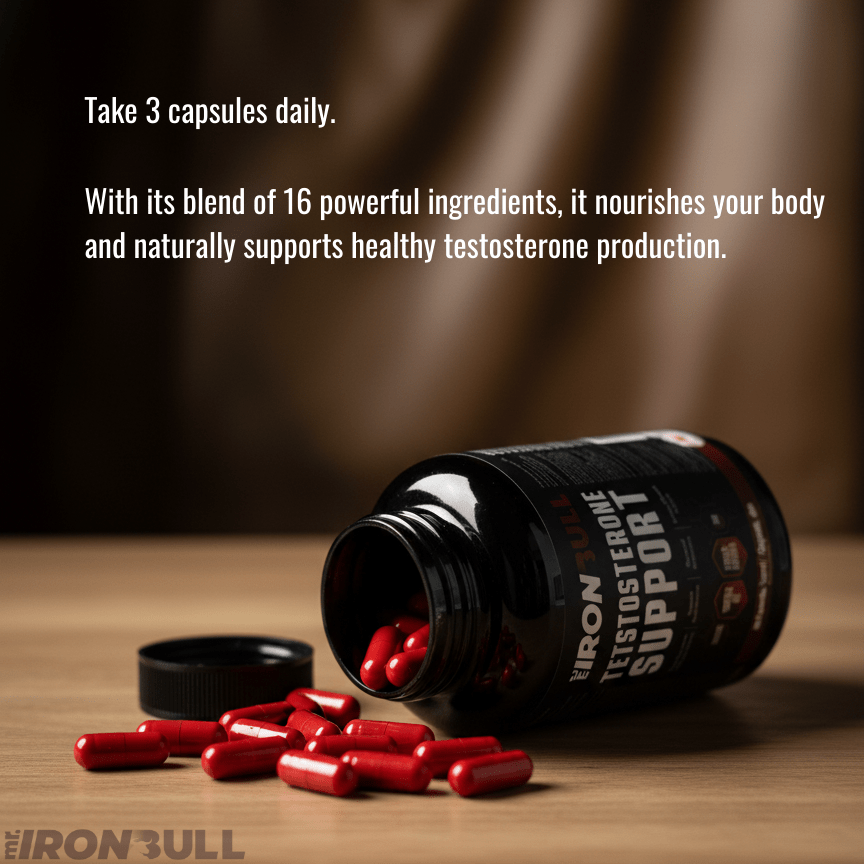Opened Mr.IronBull testosterone booster supplement with capsules on table, daily dosage 3 tablets