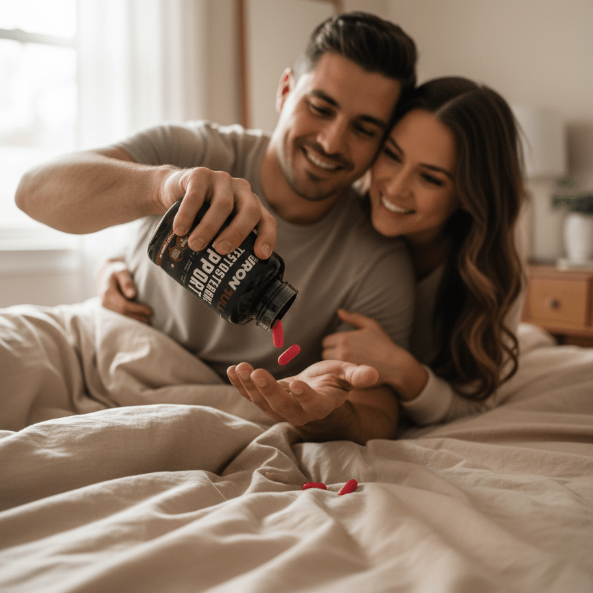 Happy couple in bed, man holding Mr.IronBull Testosterone Supporter supplement bottle