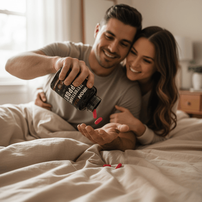 Happy couple in bed, man holding Mr.IronBull Testosterone Supporter supplement bottle