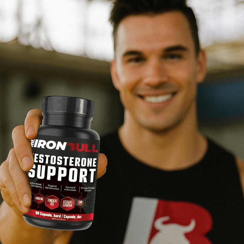 Smiling man holding Mr.IronBull Testosterone Supporter supplement bottle to the camera