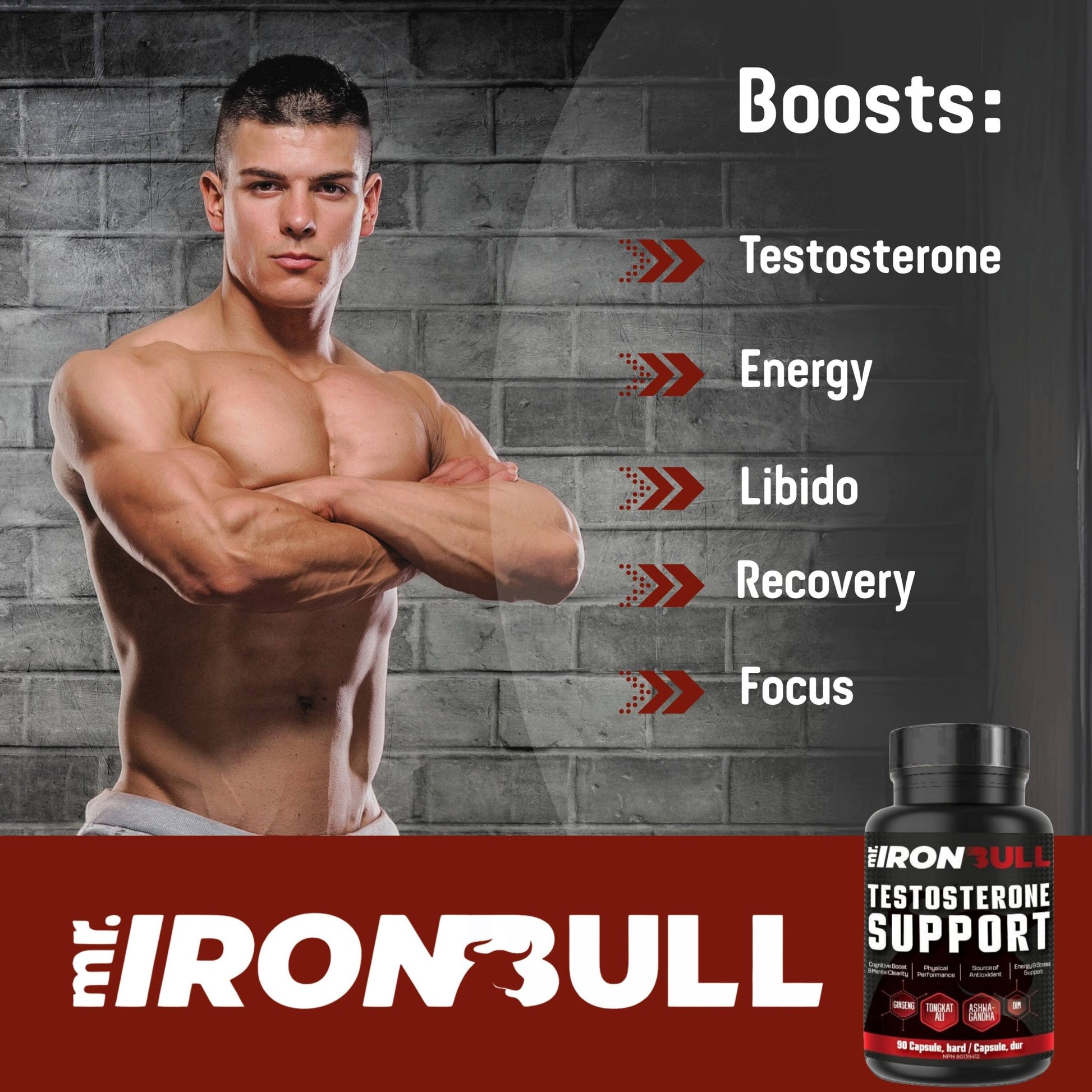 Fit man showing Mr.IronBull testosterone booster benefits including energy, libido, recovery, and focus