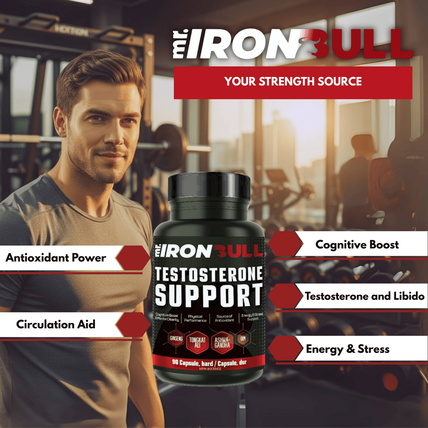 Mr.IronBull Testosterone Supporter supplement bottle with benefits like testosterone, energy, and circulation support